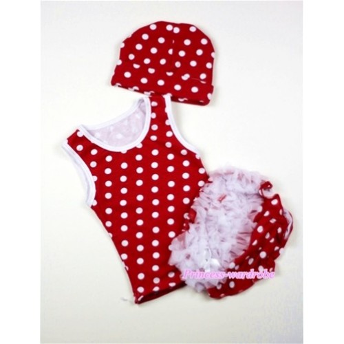 White Ruffles Hot Red White Polka Dot Panties Bloomers with Matching Minnie Dots Tank Top & Minnie Dots Cotton Cap CM08 